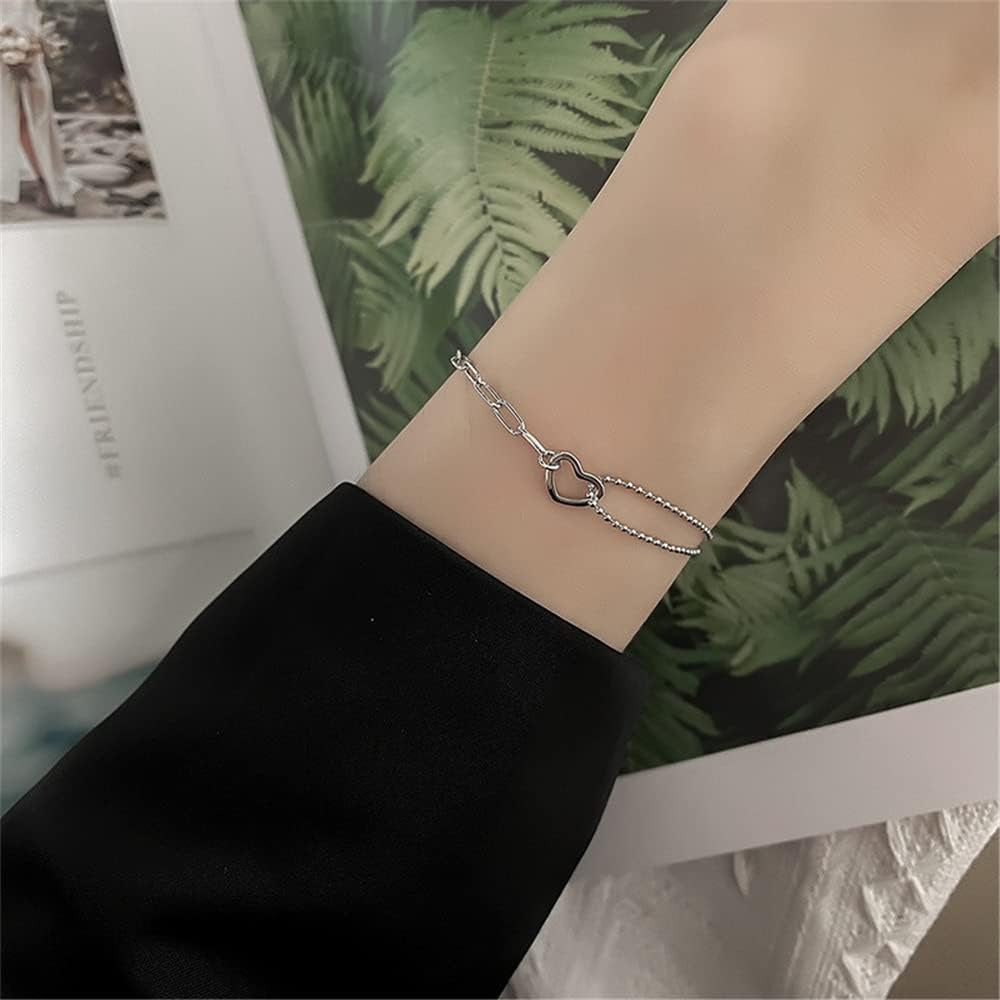 925 Sterling Silver Bracelet for Women, Love Heart Chain Bracelet Bangle, Women’s Link Bracelets